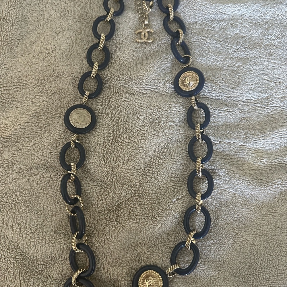 CHANEL Navy and Gold Medallion Necklace